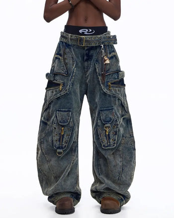 Personsoul Vintage Washed Corduroy Wide-Leg Pants with Belt