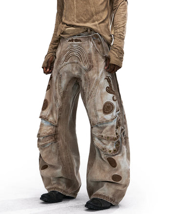 Personsoul Vintage Earth-Tone Faux-Layer Curved Jeans