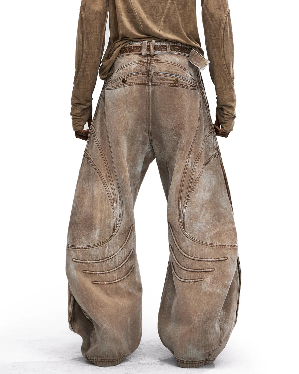 Personsoul Vintage Earth-Tone Faux-Layer Curved Jeans