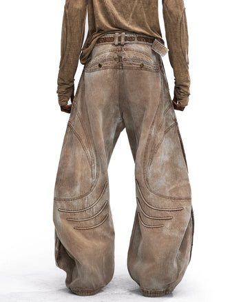 Personsoul Vintage Earth-Tone Faux-Layer Curved Jeans