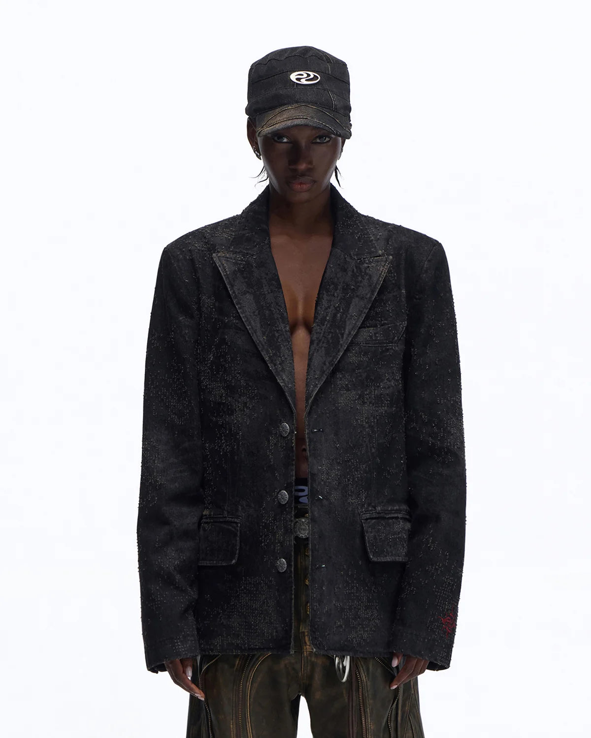 Personsoul Black Laser-Distressed Denim Blazer