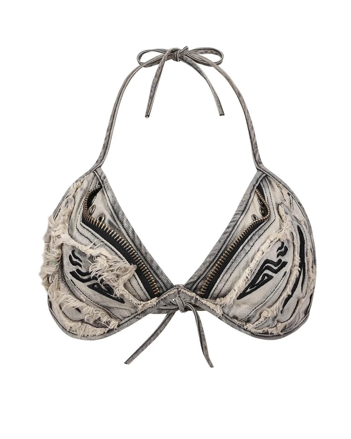 Personsoul Embroidered Mythical Beast Motif Bikini Top Gray