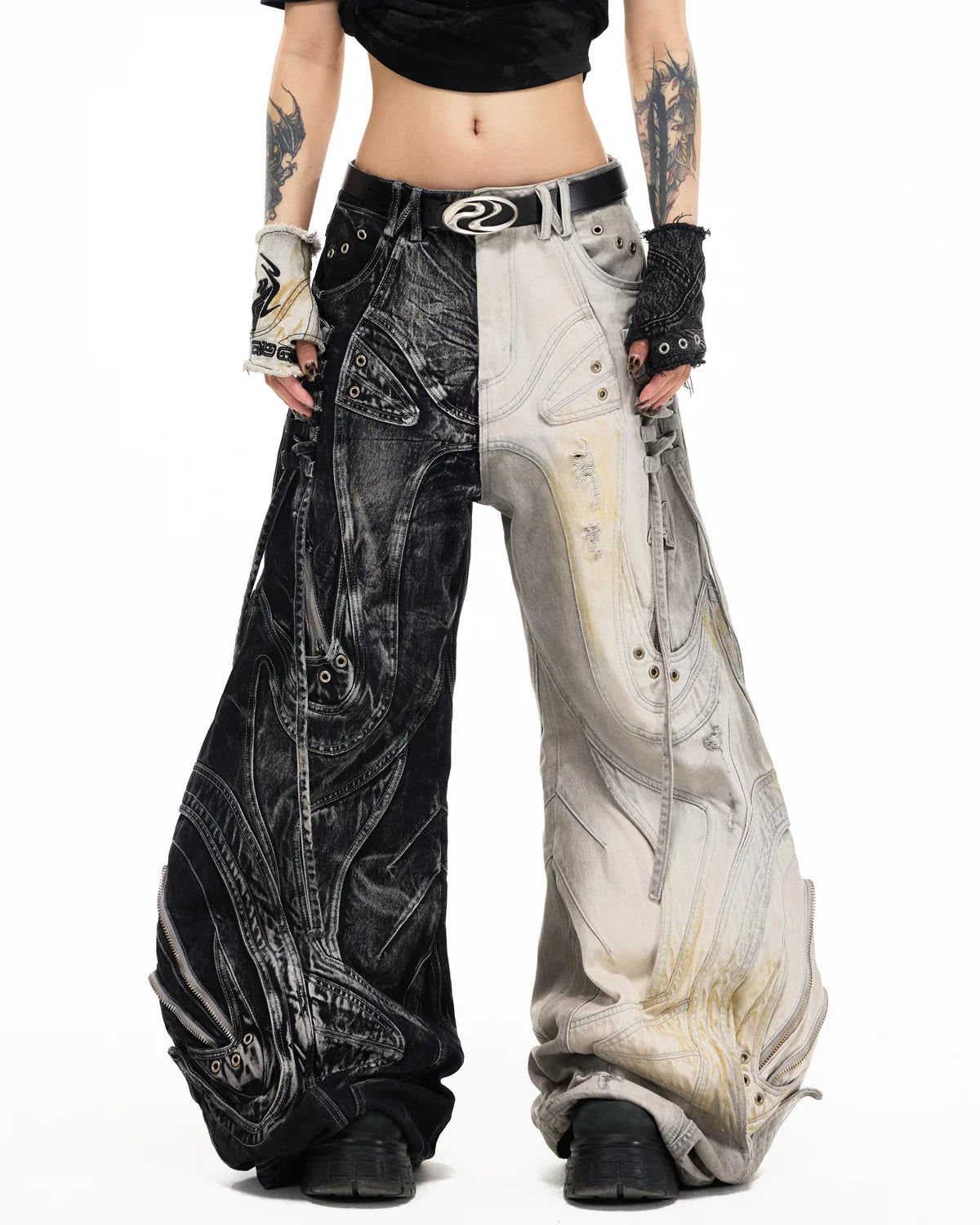 Personsoul Deconstructed Flared Patchwork Denim Jeans Yin-Yang Ver