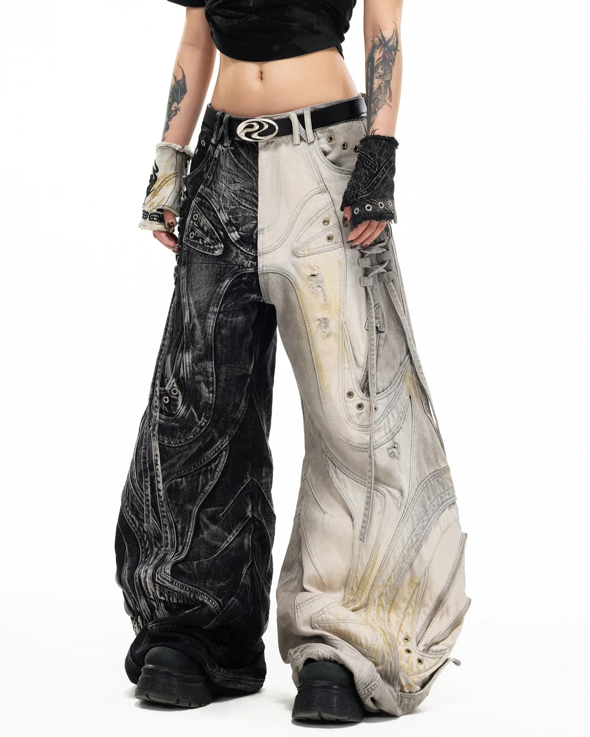 Personsoul Deconstructed Exaggerated Flared Patchwork Jeans Yin-Yang Ver. (Random Color)
