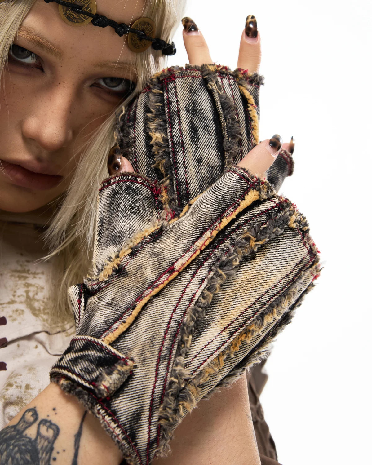 Personsoul Guardian Beast Frayed Denim Gloves