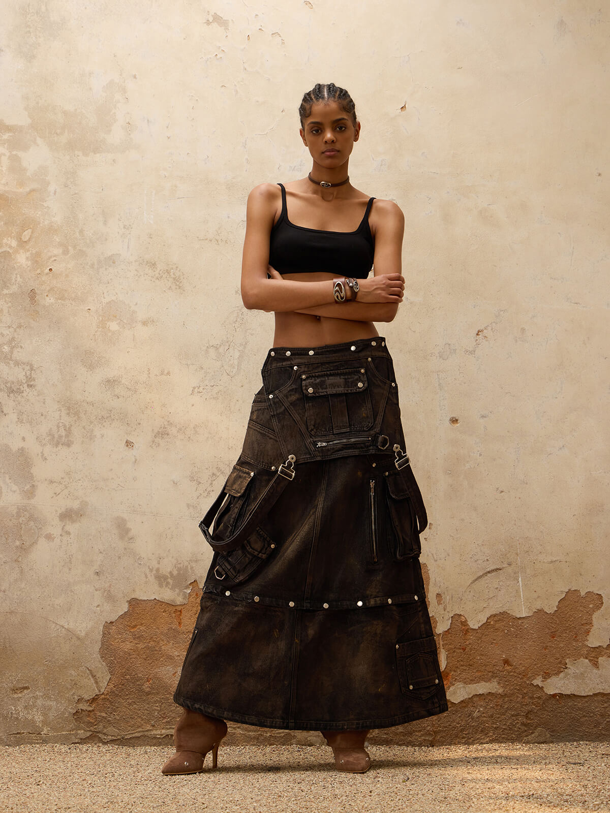 Personsoul Mud Maxi Denim Dungarees Skirt