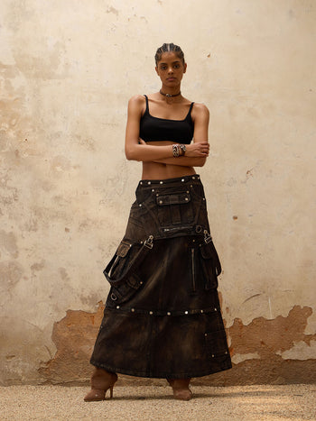 Personsoul Mud Maxi Denim Dungarees Skirt