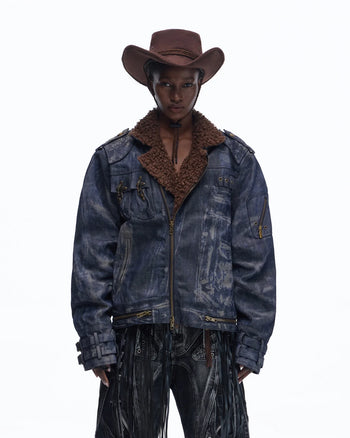 Personsoul Sherpa Lined Raw Denim Jacket