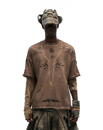 Personsoul Ancient Totem Earth-Tone Patchwork T-Shirt