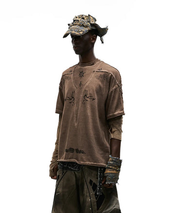 Personsoul Ancient Totem Earth-Tone Patchwork T-Shirt