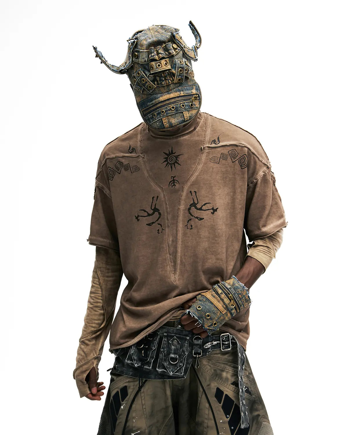 Personsoul Ancient Totem Earth-Tone Patchwork T-Shirt