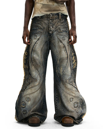 Personsoul Circle Totem Asymmetrical Curved Jeans