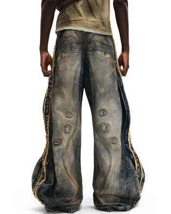 Personsoul Circle Totem Asymmetrical Curved Jeans