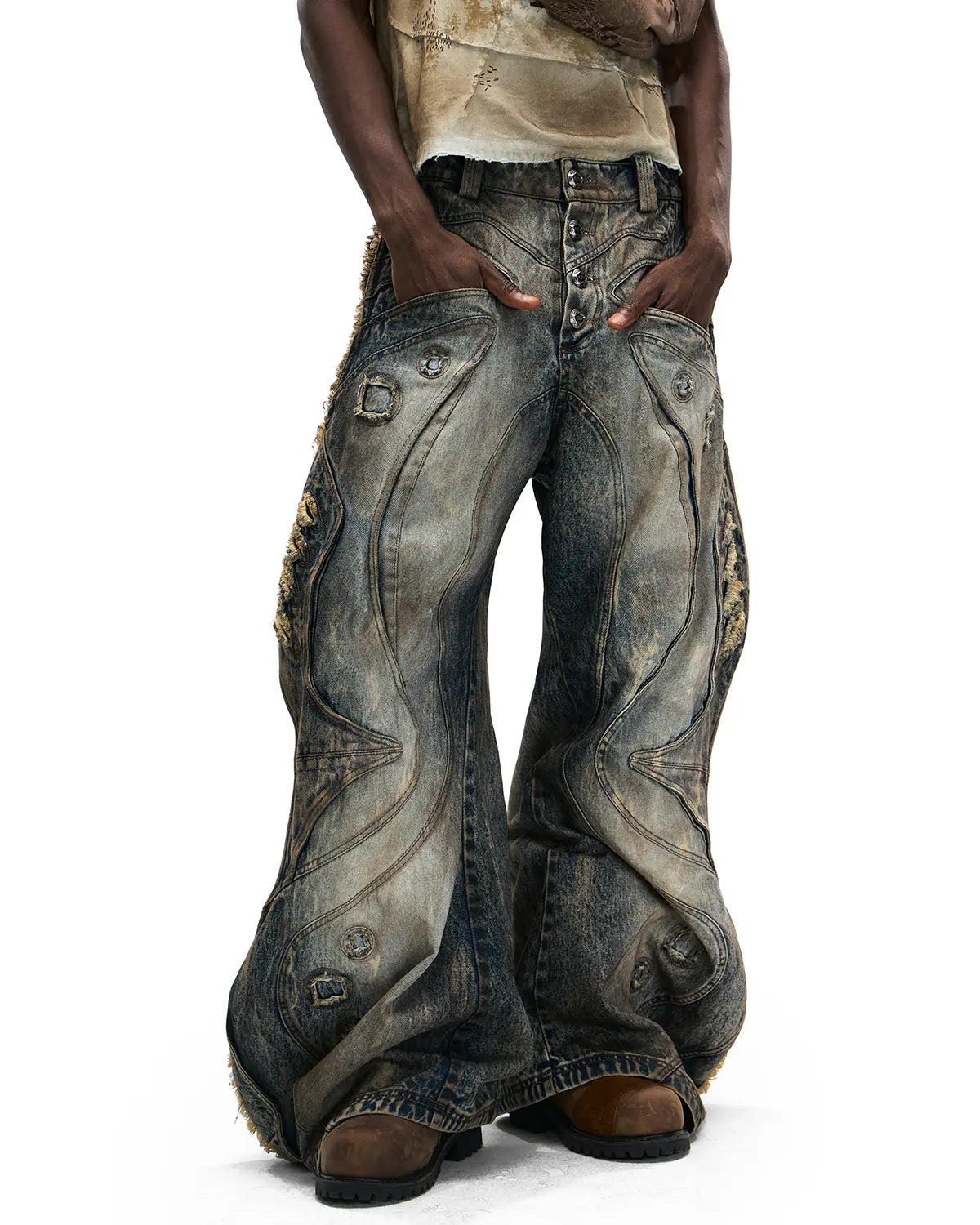 Personsoul Circle Totem Asymmetrical Curved Jeans