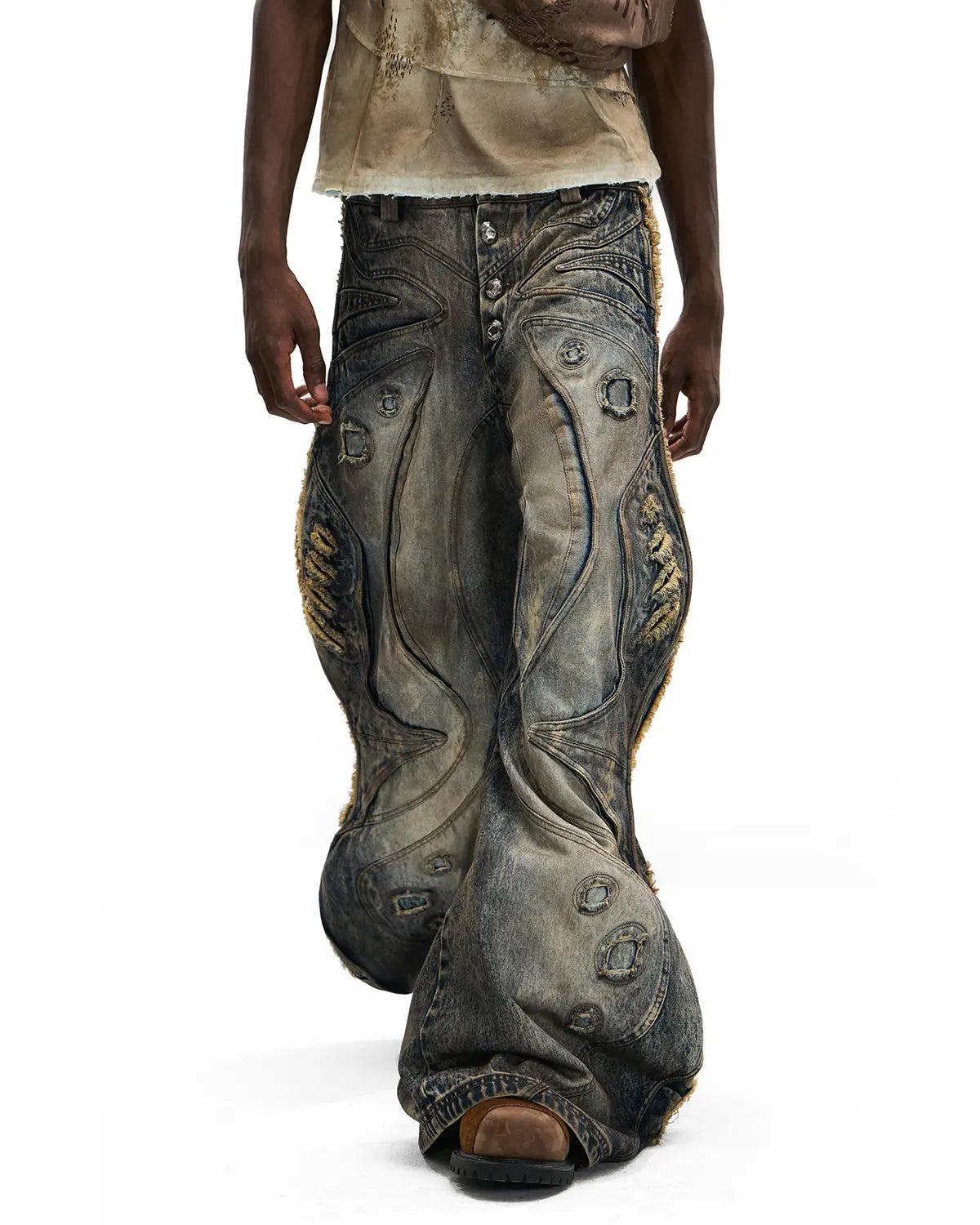 Personsoul Circle Totem Asymmetrical Curved Jeans