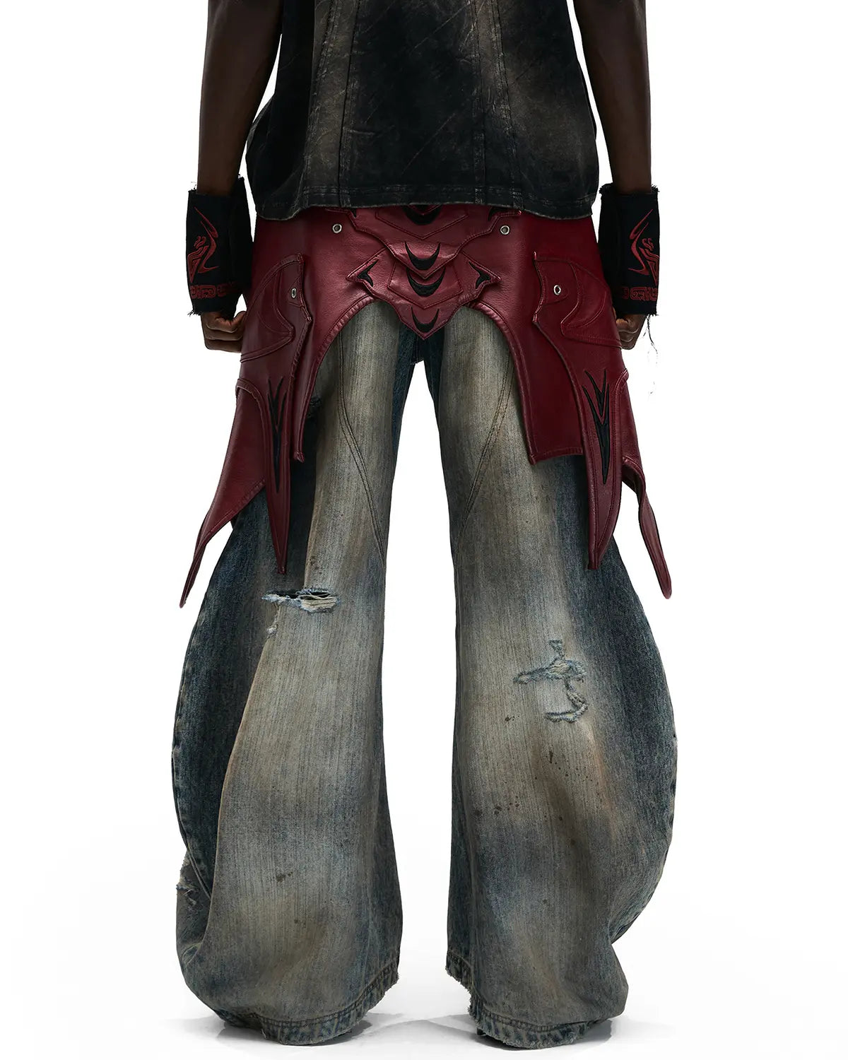 Personsoul Red Leather Waist-Strap Curved Denim Jeans