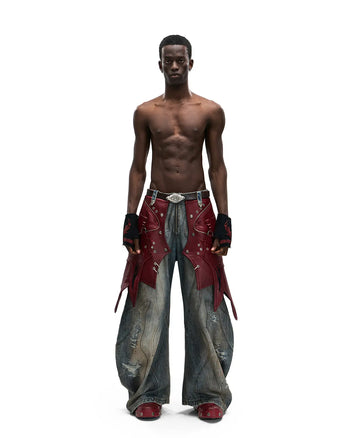 Personsoul Red Leather Waist-Strap Curved Denim Jeans