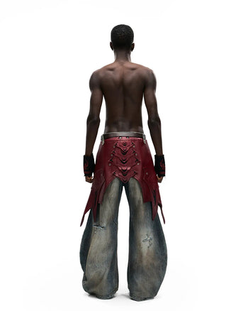 Personsoul Red Leather Waist-Strap Curved Denim Jeans