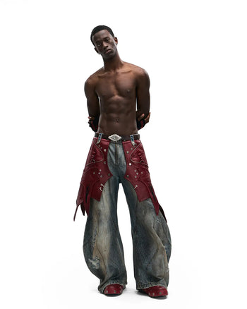 Personsoul Red Leather Waist-Strap Curved Denim Jeans