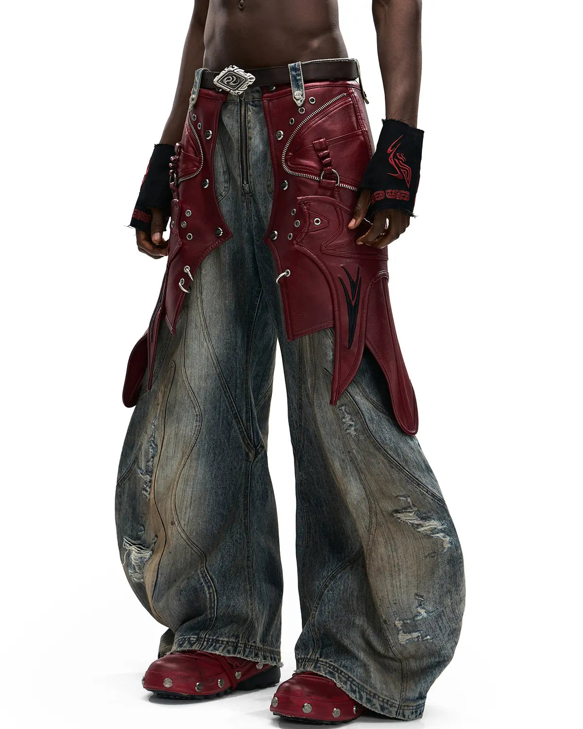 Personsoul Red Leather Waist-Strap Curved Denim Jeans