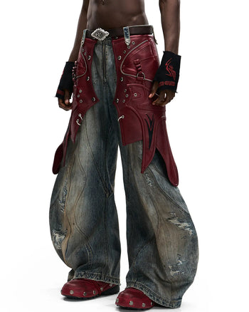 Personsoul Red Leather Waist-Strap Curved Denim Jeans
