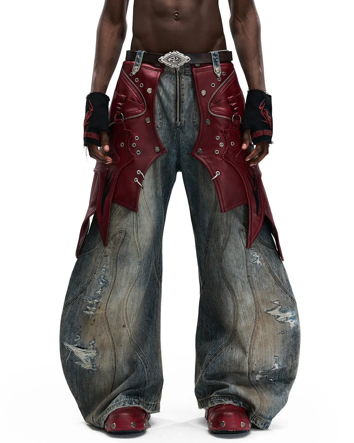 Personsoul Red Leather Waist-Strap Curved Denim Jeans