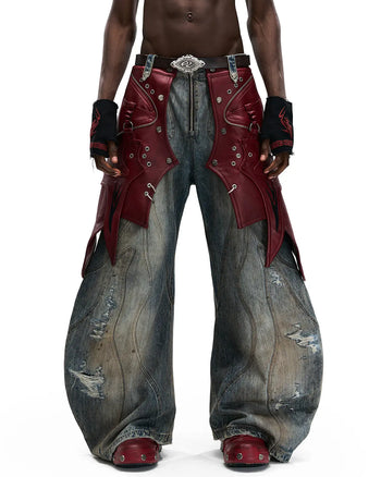 Personsoul Red Leather Waist-Strap Curved Denim Jeans