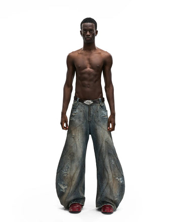 Personsoul Red Leather Waist-Strap Curved Denim Jeans