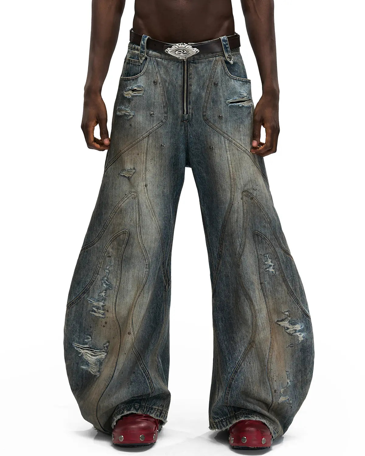 Personsoul Red Leather Waist-Strap Curved Denim Jeans