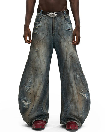 Personsoul Red Leather Waist-Strap Curved Denim Jeans