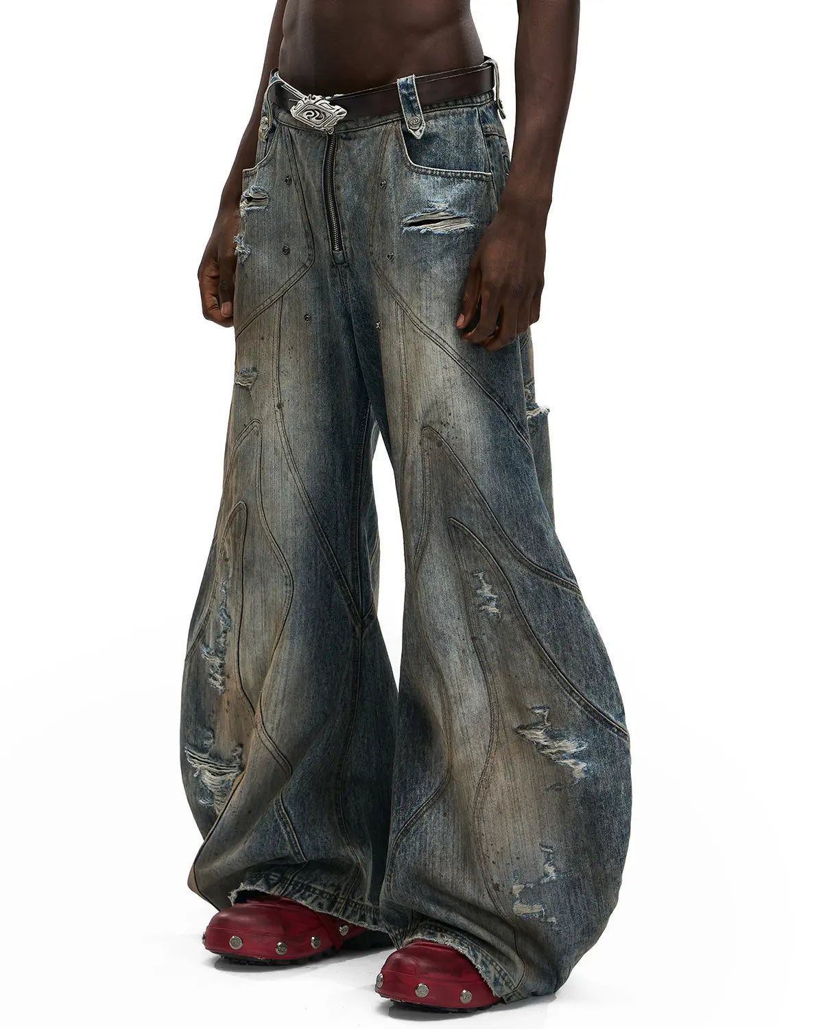 Personsoul Red Leather Waist-Strap Curved Denim Jeans