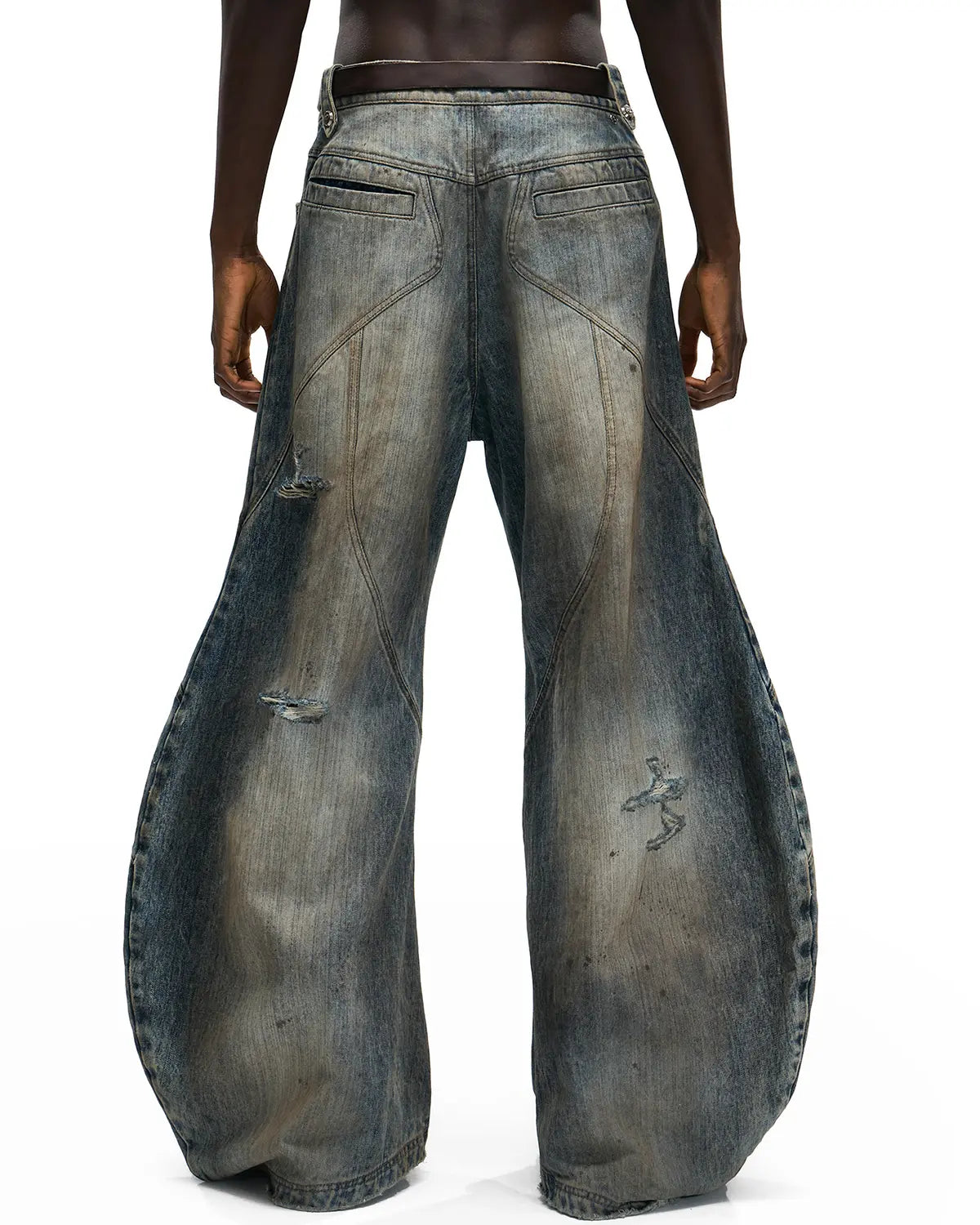 Personsoul Red Leather Waist-Strap Curved Denim Jeans