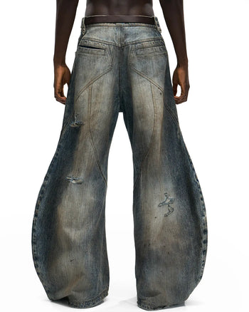 Personsoul Red Leather Waist-Strap Curved Denim Jeans