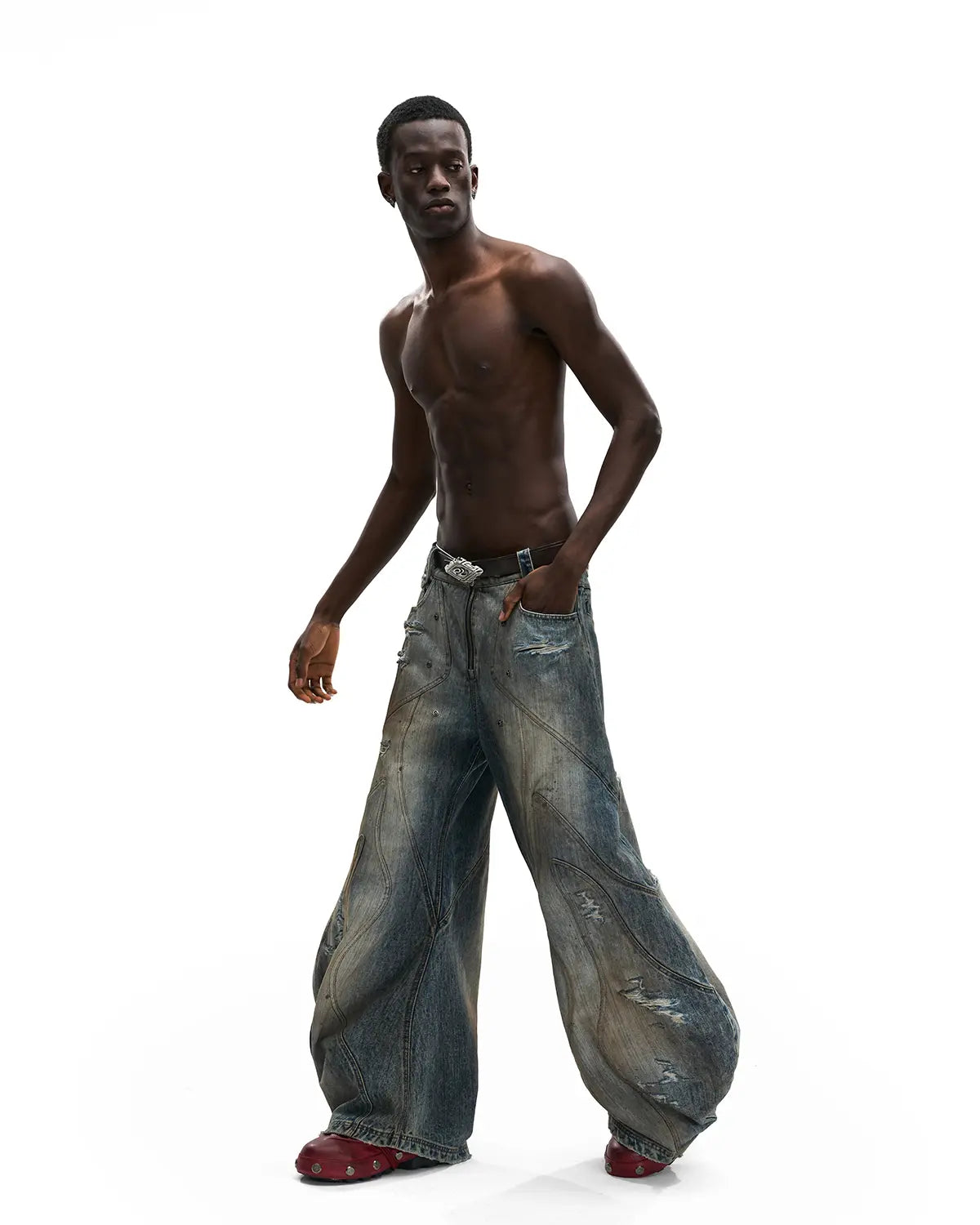 Personsoul Red Leather Waist-Strap Curved Denim Jeans