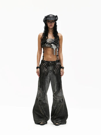 Personsoul Fringed Belt Raw Edge Jeans