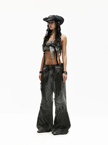 Personsoul Fringed Belt Raw Edge Jeans