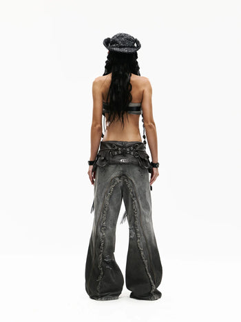 Personsoul Fringed Belt Raw Edge Jeans