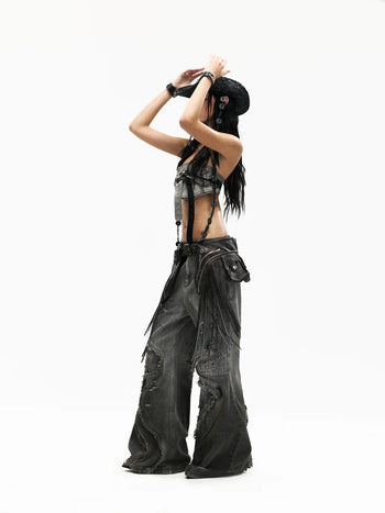 Personsoul Fringed Belt Raw Edge Jeans