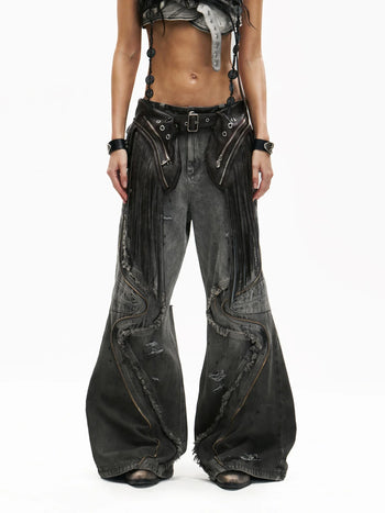 Personsoul Fringed Belt Raw Edge Jeans