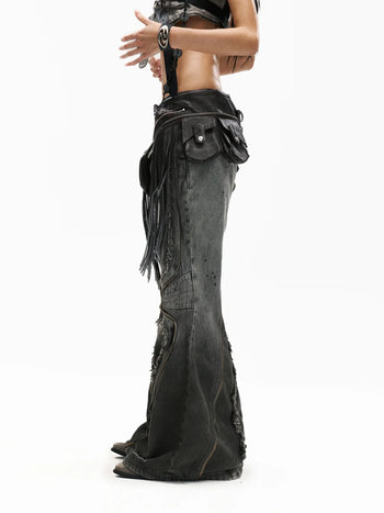 Personsoul Fringed Belt Raw Edge Jeans