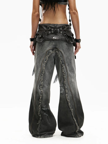 Personsoul Fringed Belt Raw Edge Jeans