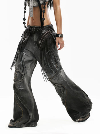 Personsoul Fringed Belt Raw Edge Jeans