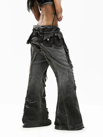 Personsoul Fringed Belt Raw Edge Jeans