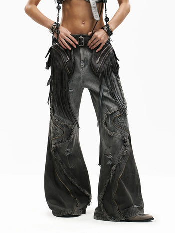 Personsoul Fringed Belt Raw Edge Jeans