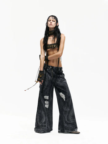 Personsoul Textured Black Print Ripped Jeans