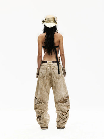 Personsoul Distroyed Apricot Baggy Jeans