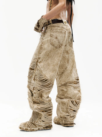 Personsoul Distroyed Apricot Baggy Jeans