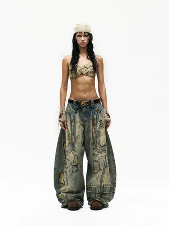 Personsoul Stain Embroidery Scimitar Jeans
