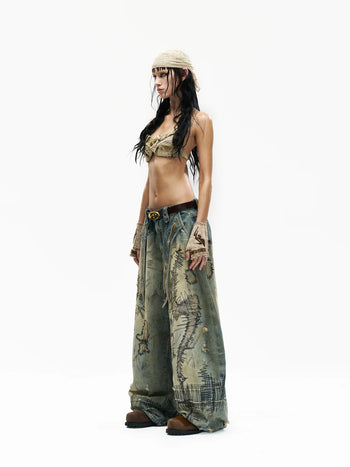 Personsoul Stain Embroidery Scimitar Jeans