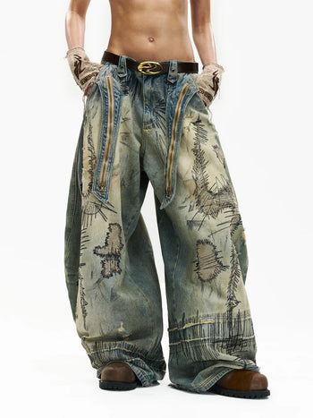 Personsoul Stain Embroidery Scimitar Jeans 